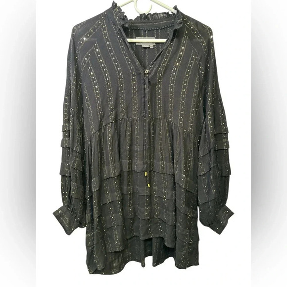 Anthropologie Quinn Sequined Black Gold Tunic Blouse Top - Picture 1 of 14